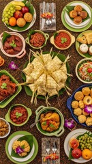 A vibrant top-down view of a traditional Southeast Asian festive spread, featuring an abundant array of delicious dishes, tropical fruits, and desserts, arranged for a joyous celebration