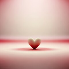 A single, delicately lit, 3D rendered heart rests on a soft, pale pink surface, symbolizing love and romance in a minimalist composition