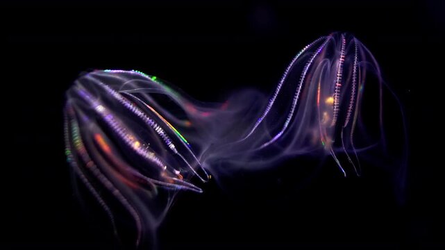 Bioluminescent Jellyfish Warty Comb Jelly Swimming Extreme Closeup of Mnemiopsis Leidyi