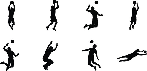 Volleyball Player Silhouettes &ndash; Serving, Spiking, Blocking & Diving Actions