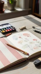 Engaging in a peaceful creative watercolor art session, illustrating delicate floral designs in an open sketchbook surrounded by artistic tools and natural light