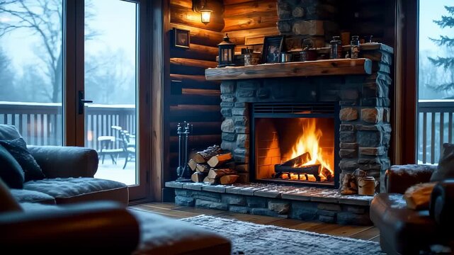 Cozy Cabin Interior With Warm Fireplace Surrounded By Snowy Landscape At Dusk. Seamless looping 4k video background 