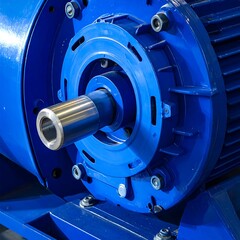 Blue machine component with a metallic shaft, bolts, and cooling ribs, close-up industrial mechanical view