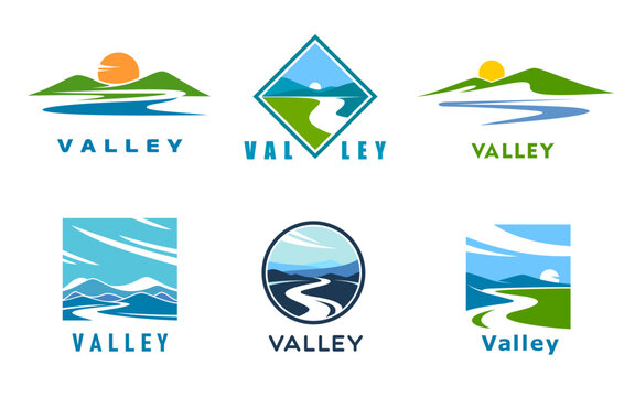 Mountain river valley icons, vector nature, outdoor adventure and summer camp. Mountain river valley landscapes with water stream flowing between green hills and snow peaks isolated symbols set