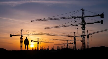 Silhouetted construction worker stands before a multitude of towering cranes at sunset