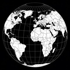 World Globe with Continents and Countries Outlined on Black Background.