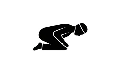 A black silhouette of a person kneeling on one knee with their head bowed in a contemplative or prayerful pose on a white background with icon