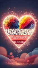 Vibrant Heart Symbolizing Diversity, Inclusivity, and Unity with Abstract Art Elements and Textured Patterns