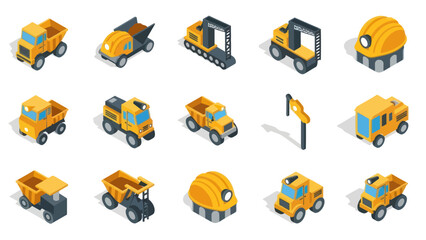 Collection of Yellow Construction Vehicles Isometric Illustrations. © Fahri