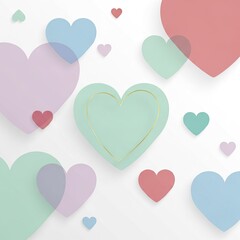 Soft pastel hearts in pink, blue, and green, gently layered and floating, creating a charming romantic background for love and celebrations
