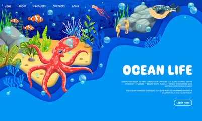 Save the ocean theme landing page with sea animals and underwater landscape vector background. Save the ocean ecology web banner with cartoon fish shoal, squid, octopus and seahorse characters