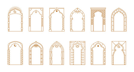 Arabian Ramadan boho arch frames with vector minimal line pattern. Muslim mosque window and door arch frames with islamic moon, star and aesthetic boho ornaments. Ramadan Kareem and Eid Mubarak themes