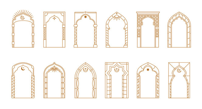 Arabian Ramadan boho arch frames with vector minimal line pattern. Muslim mosque window and door arch frames with islamic moon, star and aesthetic boho ornaments. Ramadan Kareem and Eid Mubarak themes