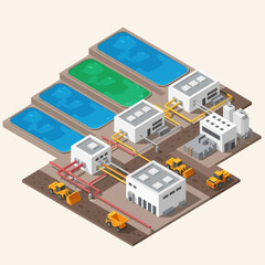 Obraz premium Wastewater Treatment Plant Facility Buildings Tanks.