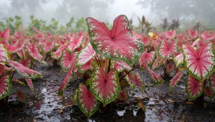 Caladiums flourish in fog Vibrant pink, white, and green leaves on a wet day, lush botanical garden close-up, tropical beauty, nature's delicate charm.
