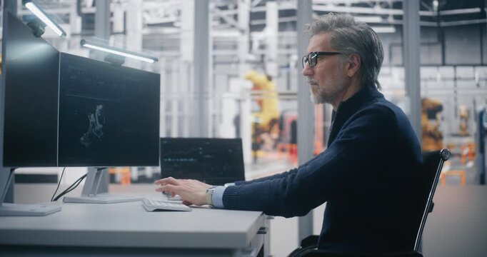 Focused Male Professional Programs Robotic Equipment While Tracking Operational Metrics on Dual Monitor Desk in Modern Factory Setting. Concept of Industrial Automation and Production Strategy.