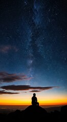 Solitary figure contemplates vast night sky filled with celestial light above horizon