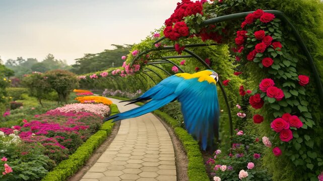 Blue and yellow macaw flying above a winding garden path lined with vibrant flowers and green foliage under a cloudy sky