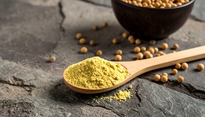 Nutritional Yeast Flakes on a Spoon with Mustard Seeds.