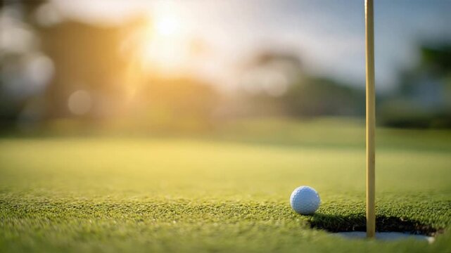 Golf Ball Rests Close to the Hole on Green Putting Course During Golden Sunset.