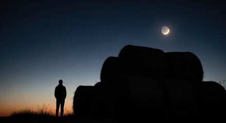 Silhouetted person stands near stacked hay bales under a crescent moon in the twilight sky