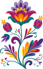Obraz premium Mexican folklore traditional abstract flower decoration with purple and orange leaf petal. Latin American folk nature decor, Mexican ethnic isolated vector flower. Hispanic culture floral decoration