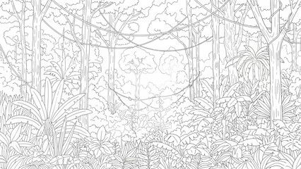 Obraz premium Lush jungle canopy with hanging vines and dense foliage, a detailed illustration