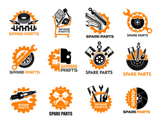 Car spare parts icons of auto mechanic repair service, garage or workshop. Vector car spare parts in shopping cart, automotive gear, wrench and spanner tools, engine piston and wheel tire symbols