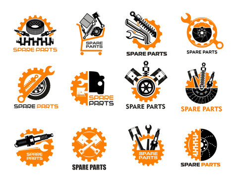 Car spare parts icons of auto mechanic repair service, garage or workshop. Vector car spare parts in shopping cart, automotive gear, wrench and spanner tools, engine piston and wheel tire symbols