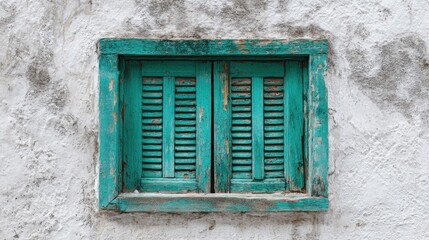 Teal, weathered shuttered window set in an aged white stone wall