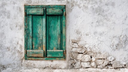 Aged teal shutters on a weathered white wall with crumbling stonework at the bottom