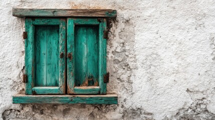 Weathered turquoise shuttered window on a textured white stone wall