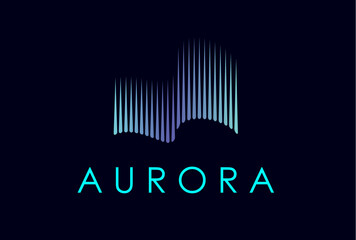 Northern sky aurora borealis wave light icon with gradient light beams on dark night sky background. Vector emblem in blue glowing spectrum, polar night arctic glow, North Pole aurora borealis wave © Vector Tradition