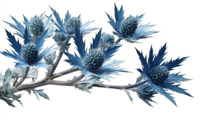Close-up of a branch with vibrant blue thistle flowers