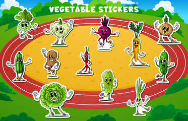 Fototapeta premium Cartoon retro groovy vegetable characters stickers pack. Vector funny patches of carrot, onion, beet, chili and cabbage hippie farm personages training on stadium with smiling faces and retro y2k vibe