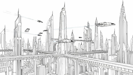 Futuristic Cityscape Drawing with Flying Vehicles. © Meii