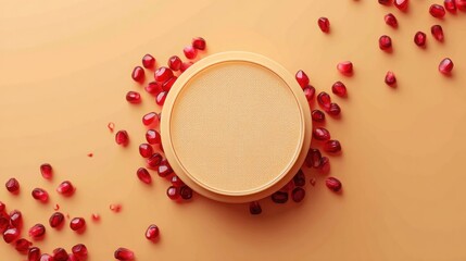 A pale, round, light-orange cosmetic product display, surrounded by scattered pomegranate seeds on a muted, pastel-orange background