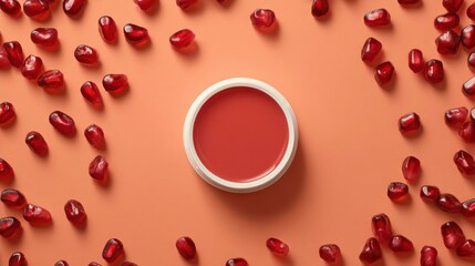 Coral cream in white jar amid scattered ruby pomegranate seeds on a peach background