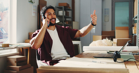 Ecommerce, conversation or man with phone call in startup, courier or supply partner communication. Delivery instructions, small business or entrepreneur with distributor negotiation, talk or mobile