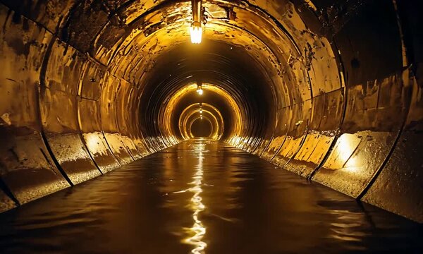 Mysterious illuminated tunnel with reflections on water creating a path to the unknown.