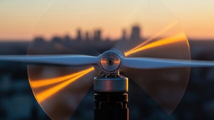 Spinning Drone Propeller Close Up with City Skyline at Sunset