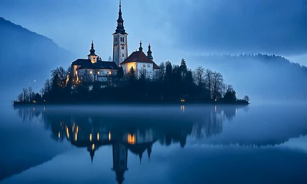 Enchanting Island Church on Misty Lake Bled Reflects in Calm Twilight Water.