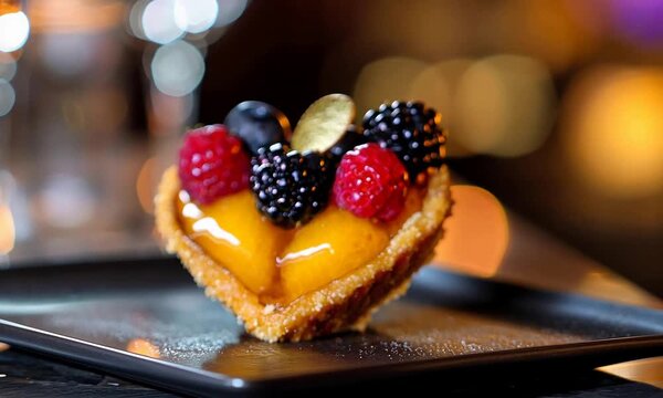 Delicious Heart Shaped Fruit Tart Adorned with Fresh Berries and Golden Flake on Elegant Plate.