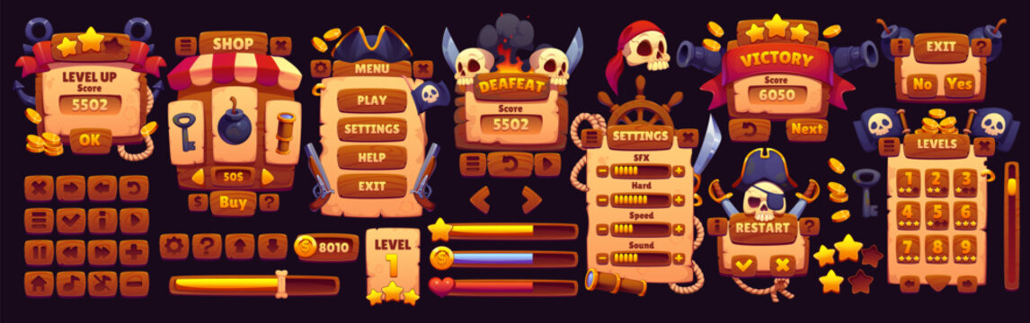 Pirate arcade game interface, gui elements asset. Cartoon vector ui kit buttons, menus, scoreboards, icons and controls with treasure, skulls, swords, and nautical items . for mobile or adventure game