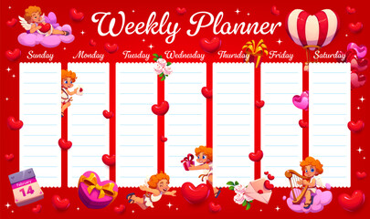Naklejka premium Weekly planner schedule with love hearts, Cupids and Valentines Day gifts. Romantic weekly planner vector template with cartoon Valentine Day gifts, flowers and heart balloons, love holiday week plan