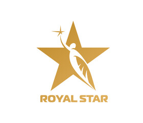 Obraz premium Gold star icon, modern emblem featuring golden star with a winged figure reaching toward a smaller star in sky. Vector label symbolizing dream, excellence, ambition and prestige, luxury or leadership