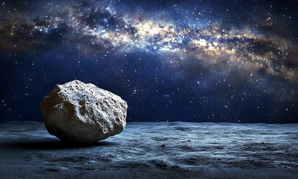 Giant textured asteroid resting on a desolate alien planet surface under a brilliant starry night sky.