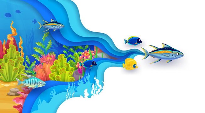 Paper cut underwater landscape with tropical fish. Sea water blue wave vector 3d paper cut borders banner with cartoon fish and seaweed plants at coral reef underwater landscape background