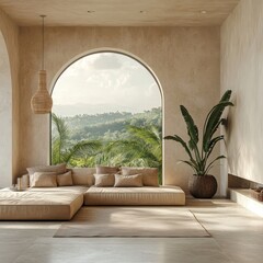 Beige empty living room interior with a panoramic window overlooking tropical landscapes, creating a relaxing and spacious atmosphere, Generative AI