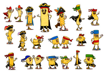 Obraz premium Cartoon funny groovy italian pasta pirate characters wearing captain black hats and bandanas. Vector retro groovy macaroni food pirates and corsairs, happy rigatoni, lasagna and fusilli pasta shapes
